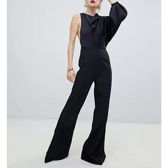 ASOS One Shoulder Jumpsuit 8 MED Black Satin Flare Cowlneck Wide Leg Going Out - Picture 2 of 11